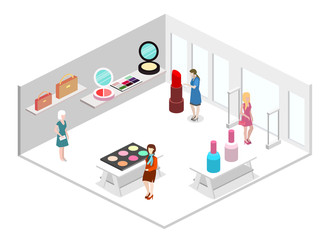 Fototapeta premium Isometric flat 3D isolated vector interior cosmetics shop
