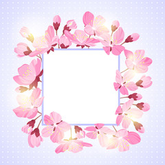 Spring lettering. Blossoming tree brunch with spring flowers on blue background. Vector illustration.