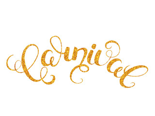 Carnival gold glitter texture calligraphy lettering isolated on white background. Vector Illustration.