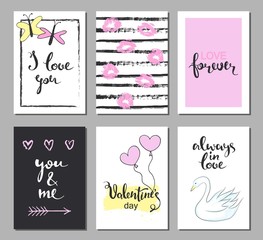 Valentines day set cards. Calligraphy, lettering and hand drawn design elements