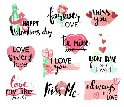 Valentines day watercolor hand drawn design elements with calligraphy. Handwritten modern lettering. Flower, cat with heart, champagne, gift and other items