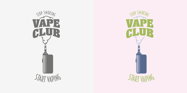 Vape club badge, logo or symbol design concept. Vaping box mod and cloud vector illustration isolated on white background.