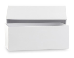 Open white rectangular cardboard box with lid