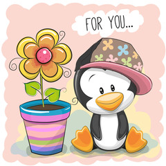 Fototapeta premium Cute Cartoon Penguin with flower