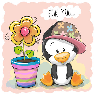 Cute Cartoon Penguin with flower