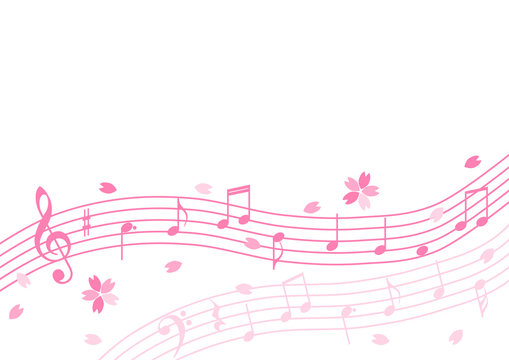 五線譜上の音符と桜の背景イラスト