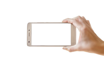 Hand holding mobile smart phone isolated on white.
