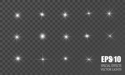 Set of Vector glowing light effect stars bursts with sparkles on transparent background. Transparent stars.