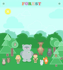 Animals of the forest. Other plush animals in the forest, a boy and a girl. Vector cartoon