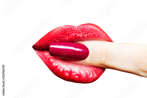Women S Sexy Finger With Red Nail Polish In The Mouth With The Lips With Red Lipstick Girl