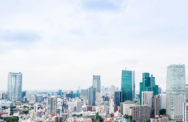 Fototapeta na wymiar Business and culture concept - panoramic modern city skyline bird eye aerial view from tokyo tower under dramatic morning blue cloudy sky in Tokyo, Japan