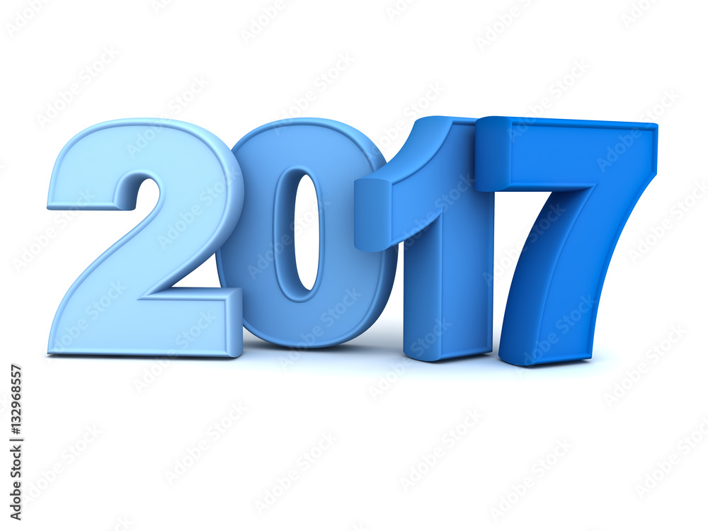 Aufkleber Happy new year 2017 3D blue text isolated over white background with reflection and shadow 3D rendering