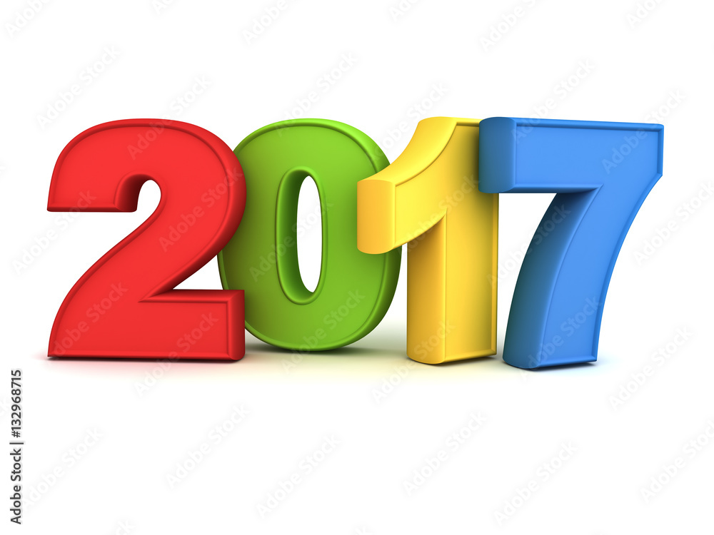 Aufkleber Happy new year 2017 3D colorful text isolated over white background with reflection and shadow 3D rendering