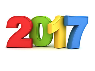 Happy new year 2017 3D colorful text isolated over white background with reflection and shadow 3D rendering