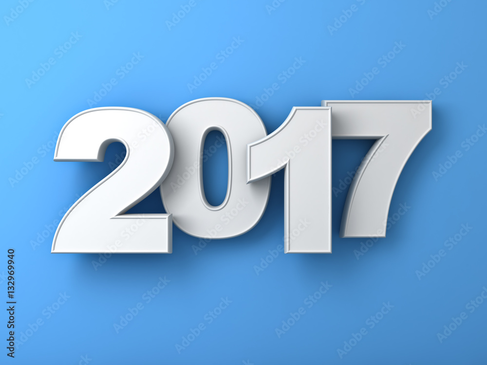 Aufkleber happy new year 2017 3d white text over blue wall background abstract with shadow 3d rendering