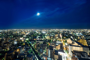 Fototapeta na wymiar Business and culture concept for real estate and corporate construction - panoramic modern city skyline bird eye aerial night view under dramatic neon glow and beautiful dark blue sky in Tokyo, Japan
