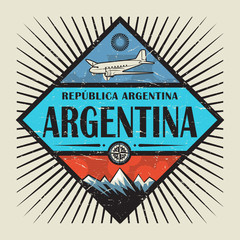 Emblem with airplane, compass, mountains and text Argentina