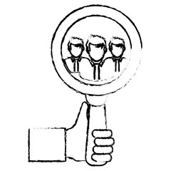 hand holding a magnifying glass and businesspeople icon over white background. vector illustration
