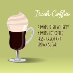 Irish coffee vector illustration with ingredients on green background