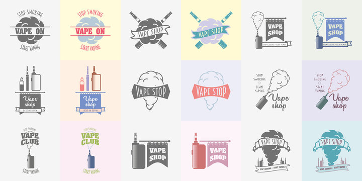 Set of vape shop and e-cigarette logos, symbols or labels templates. Color and monochrome