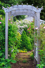 Rose arbor in a country garden.