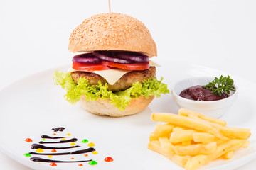 burger sauce and french fries on a white plate close up 