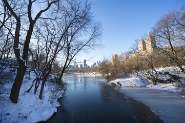 Wintry view of Central Park from the frozen lake with the urban skyline of the Upper West Side in Manhattan, New York City 