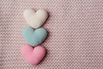 Heap of knitted hearts . Background Valentines Day.Valentines day cards.