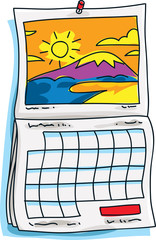 A cartoon calendar with a sunset scene on it.