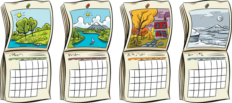 A set of four cartoon calendars, each representing the seasons of spring, summer, autumn and winter. 