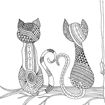 Doodle cat pair sitting on branch 