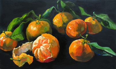 Mandarins with leaves. Oil painting on canvas illustration, black background. © Irina Sergeyeva