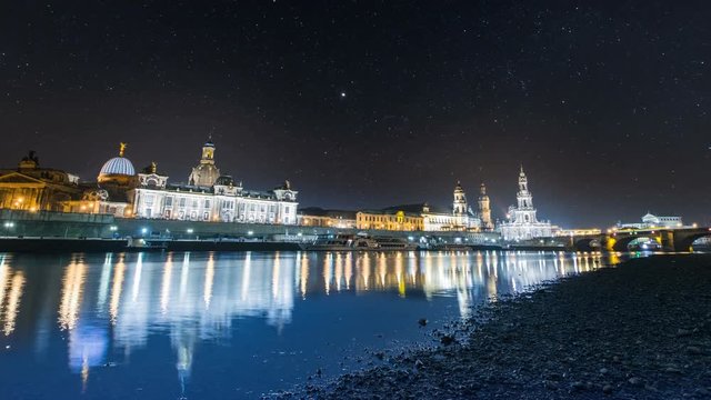 4k UHD Historic city of Dresden (Germany) at night with stars time lapse. 11315