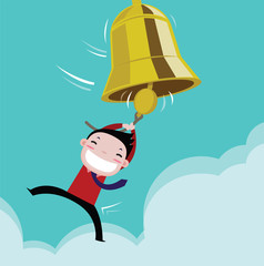 Businessman happy with the bell ringing success. vector cartoon