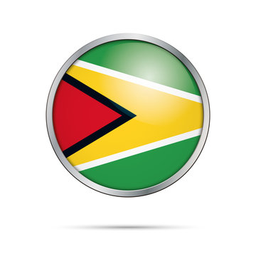 Vector Guyanese flag Button. Guyana flag in glass button style with metal frame