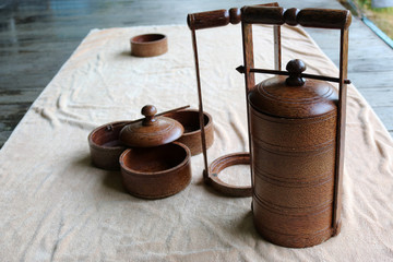 Coconut wood ware,food carrier in Thailand. 