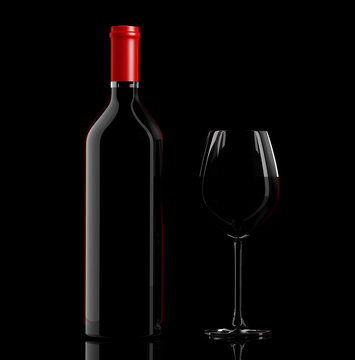 Wine glass and bottle on black background. 3d illustration