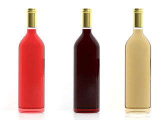 Bottles of wine on white background. 3d illustration