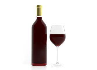 Wine glass and bottle on white background. 3d illustration