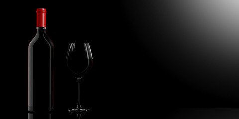 Wine glass and bottle on black background. 3d illustration