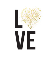 Happy valentines day love greeting card with white low poly style heart shape in golden glitter background. Vector illustration