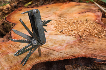 Multifunction knife stuck on the tree stump.  - obrazy, fototapety, plakaty