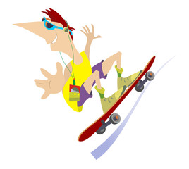 Skateboarding. Cartoon smiling man in headphones is riding on a skateboard and listening the music on the portable digital music player 
