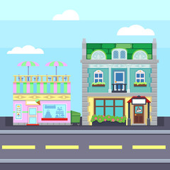 Small town urban landscape in flat design style,  illustration. buildings, street ice cream shop, coffee cafe