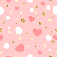 Colorful abstract seamless pattern with hearts and golden glitter texture. Vector illustration