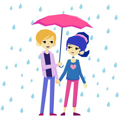 Boy and girl dating under the rain  cute cartoon illustration.