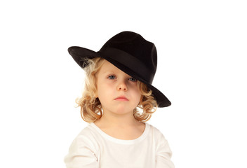 Funny small blond child with black hat