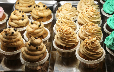 desserts with cream and hazelnut for sale in the counter pastry