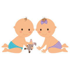 cute babies playing with a bunny teddy over white background. vector illustration