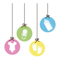 baby stuffs over colorful circles hanging. vector illustration